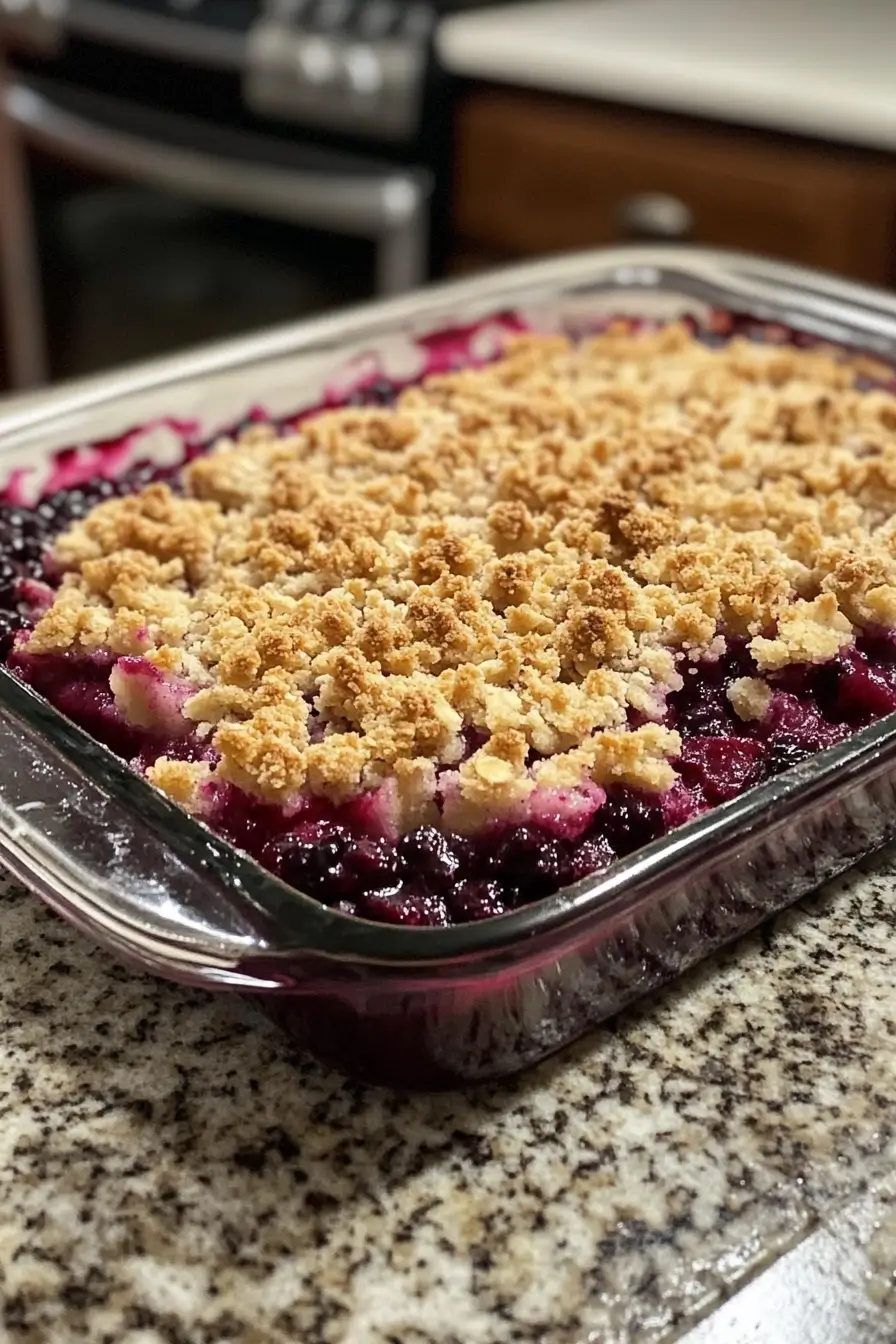 A freshly baked blackberry crumble with a golden, crunchy topping and juicy blackberry filling in a glass baking dish.