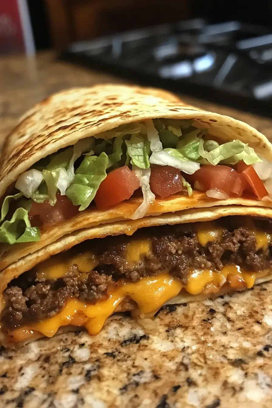 Close-up of a smash burger taco filled with ground beef, melted cheddar cheese, fresh tomatoes, and shredded lettuce.