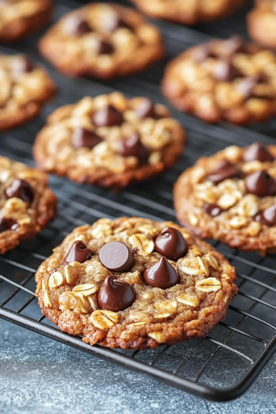 Close-up of freshly baked oatmeal chocolate chip cookies cooling on a wire rack, featuring golden-brown edges, gooey chocolate chips, and hearty oats.