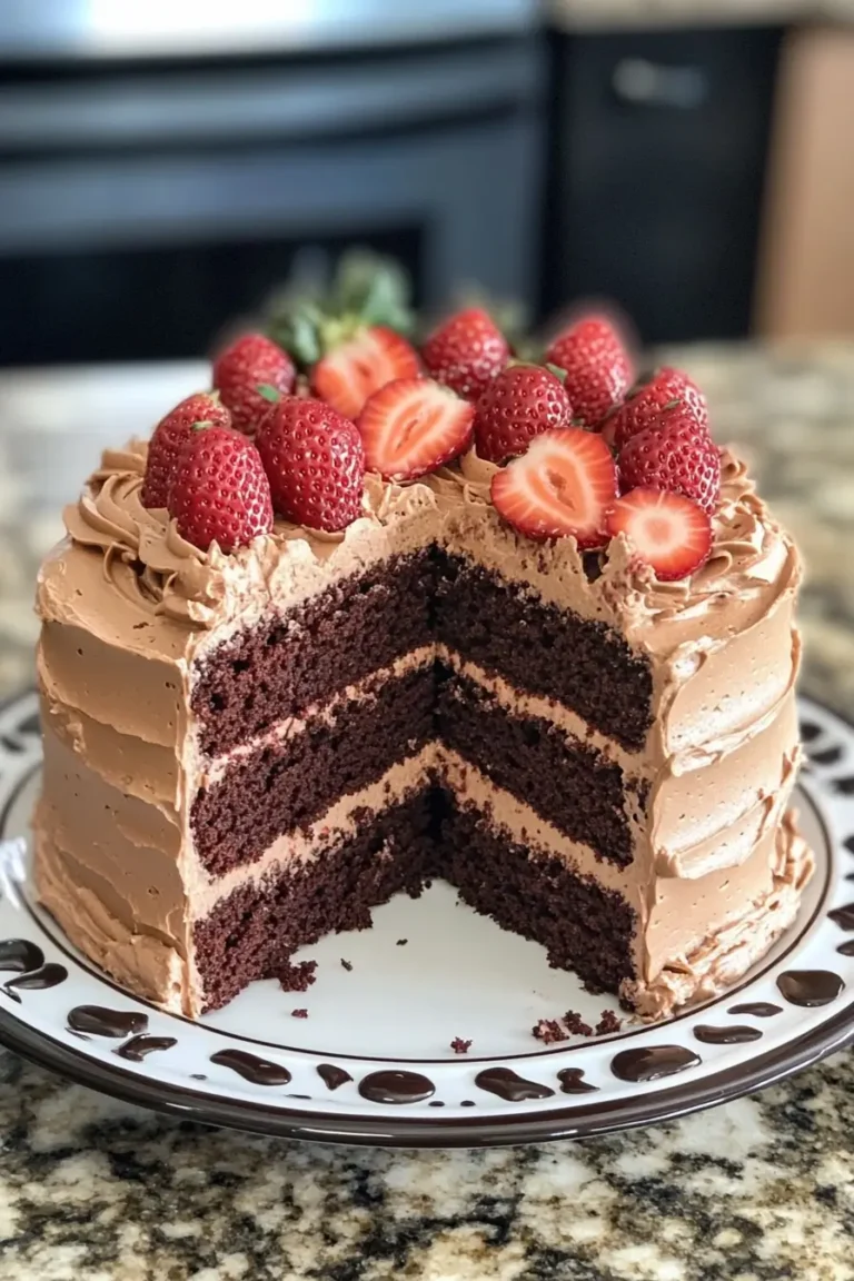 A three-layer chocolate cake with chocolate frosting, topped with fresh strawberries, and a slice missing to reveal the moist interior.