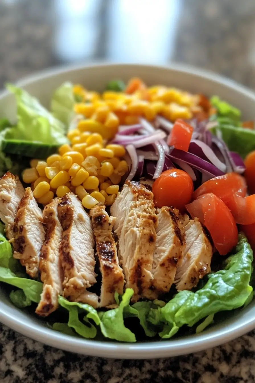 Freshly made Southwest Chicken Salad with grilled chicken, corn, tomatoes, red onions, and lettuce in a white bowl.