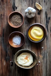  Ingredients for honey mustard sauce, including mustard, honey, garlic, salt, and pepper arranged on a rustic wooden surface.