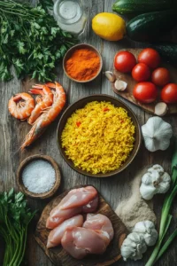 Fresh ingredients for chicken and shrimp paella, including saffron rice, shrimp, chicken, tomatoes, garlic, parsley, and spices.