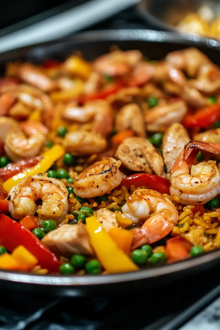 Close-up of chicken and shrimp paella cooking with shrimp, chicken pieces, bell peppers, peas, and saffron rice.