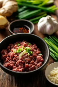A bowl of raw ground beef garnished with chopped green onions and sesame seeds, surrounded by fresh ingredients like garlic, ginger, and soy sauce.