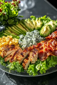 A platter of Cobb salad ingredients, including grilled chicken, bacon, avocado slices, blue cheese crumbles, and diced boiled eggs on a bed of lettuce.