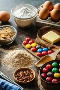 Ingredients for making peanut butter M&M cookies, including flour, brown sugar, butter, eggs, and colorful M&Ms, arranged neatly on a wooden surface.
