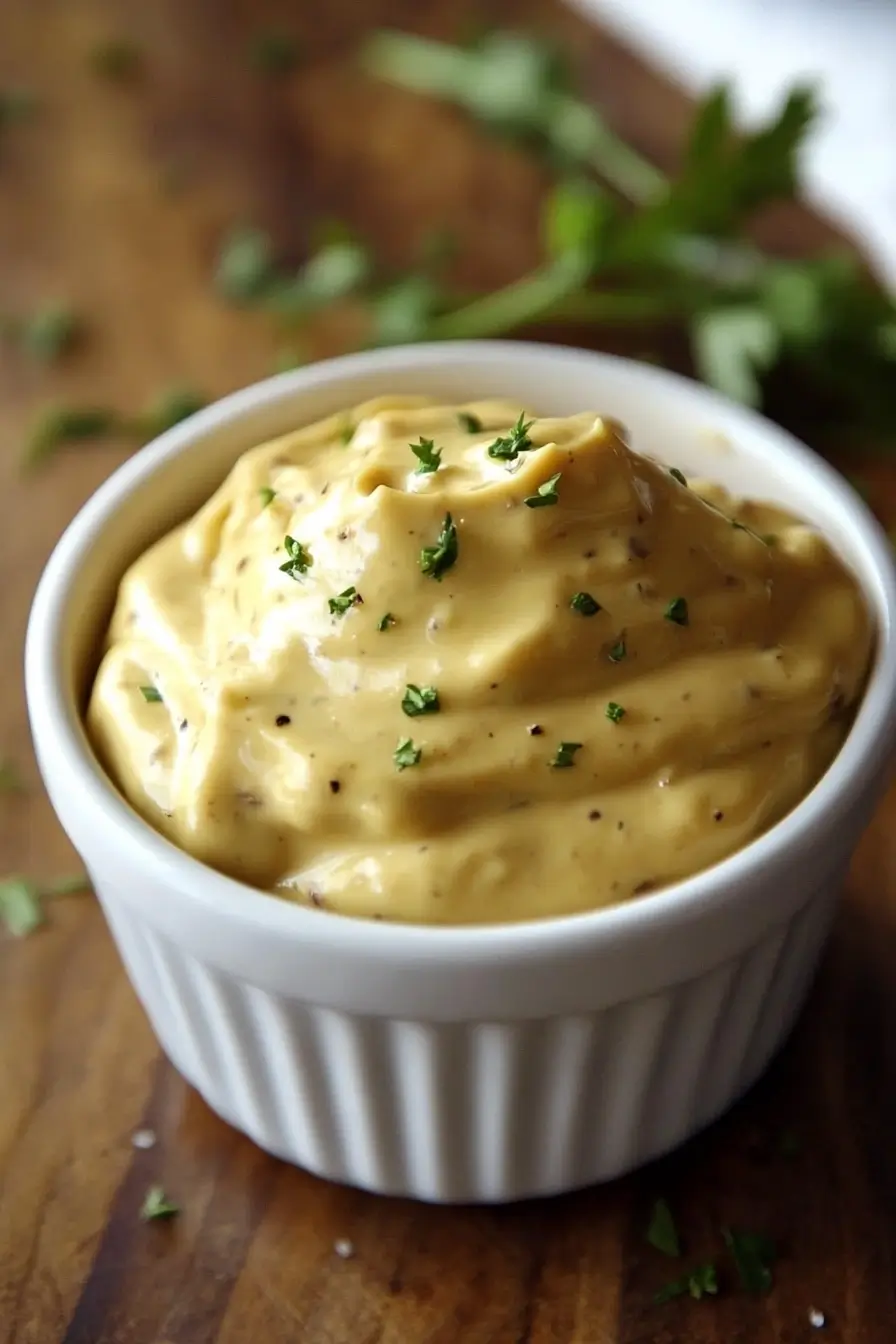 A small white ramekin filled with creamy honey mustard sauce, garnished with chopped fresh herbs.
