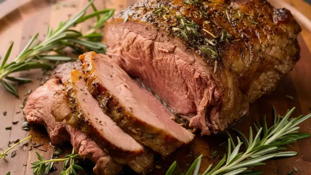 Close-up of a herb-seasoned chuck roast garnished with rosemary on a wooden board.
