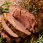Close-up of a herb-seasoned chuck roast garnished with rosemary on a wooden board.