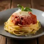 A plate of spaghetti topped with tomato sauce and a basil leaf, garnished with grated Parmesan cheese