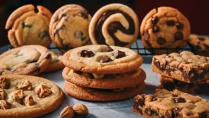 An assortment of Toll House cookies, including classic chocolate chip, pinwheel, and cookies with nuts, displayed on a table.