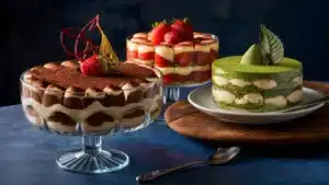  Trio of desserts featuring a classic tiramisu in a glass bowl, a layered strawberry tiramisu, and a green tea matcha tiramisu on a rustic table.