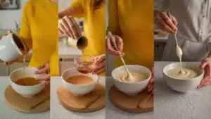 Step-by-step preparation of creamy mustard sauce in four stages: pouring honey, adding mustard, mixing ingredients, and achieving a smooth, creamy consistency.