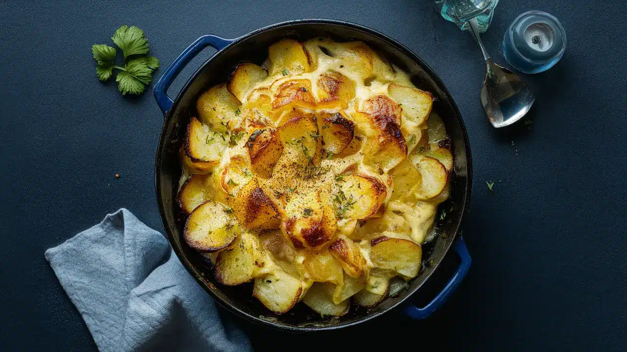 A casserole dish of Creamy Au Gratin Potatoes on a dark surface, topped with a golden crust and garnished with herbs.