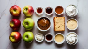 Ingredients for an apple-caramel trifle arranged on a light surface, including whole apples, caramel sauce, cake, whipped cream, and various flavorings in small bowls.