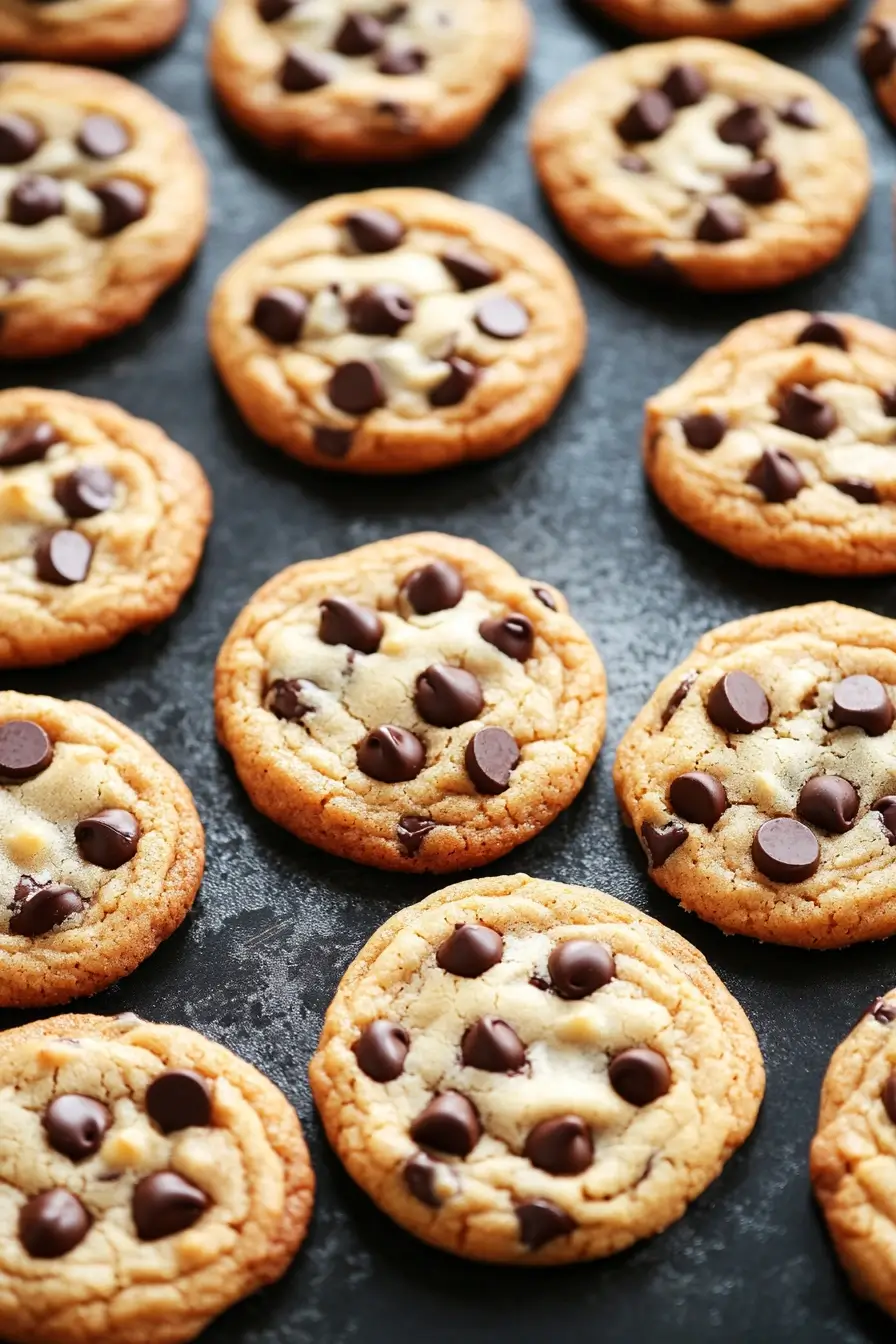 Freshly baked chocolate chip cookies arranged neatly on a dark baking sheet.