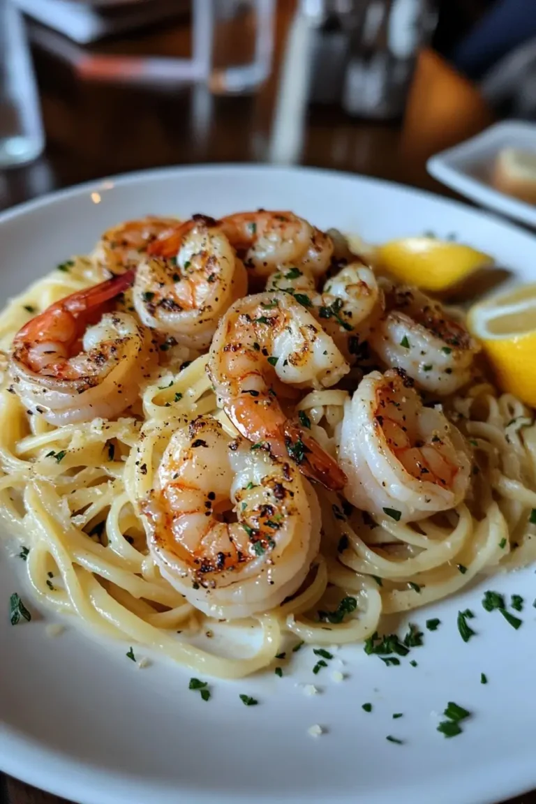 A delicious plate of shrimp scampi served over a bed of linguine, garnished with fresh parsley and lemon wedges.
