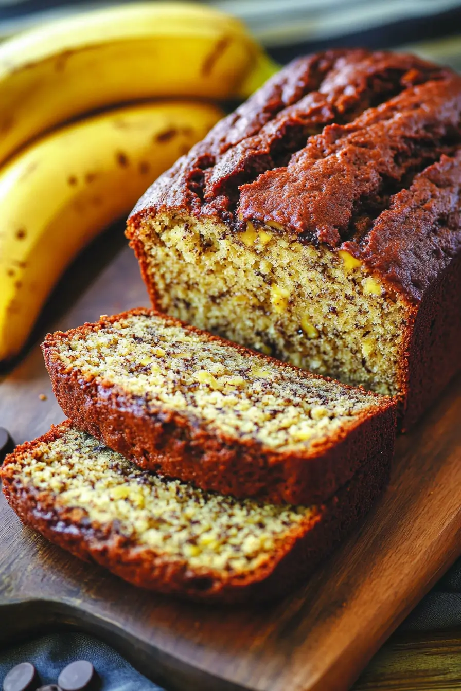 Freshly baked moist banana bread, sliced to reveal a soft, fluffy interior with specks of ripe bananas, placed beside whole bananas on a wooden board.