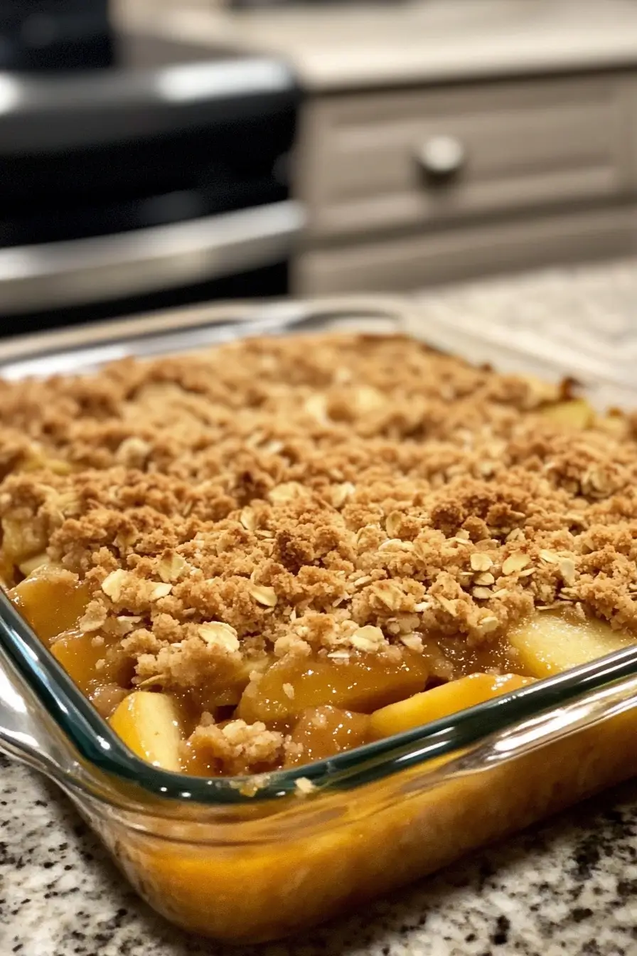 Freshly baked apple crisp with a golden oat topping in a glass baking dish.