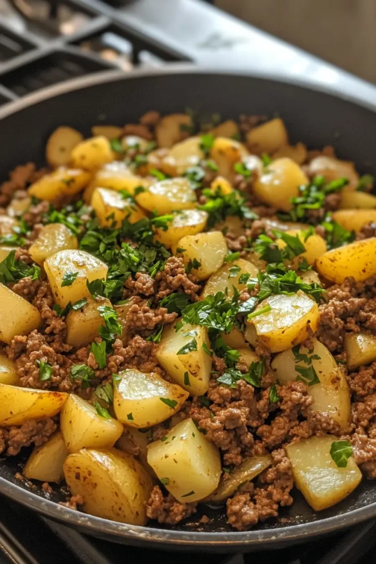 Skillet filled with seasoned ground beef and diced potatoes garnished with fresh herbs.