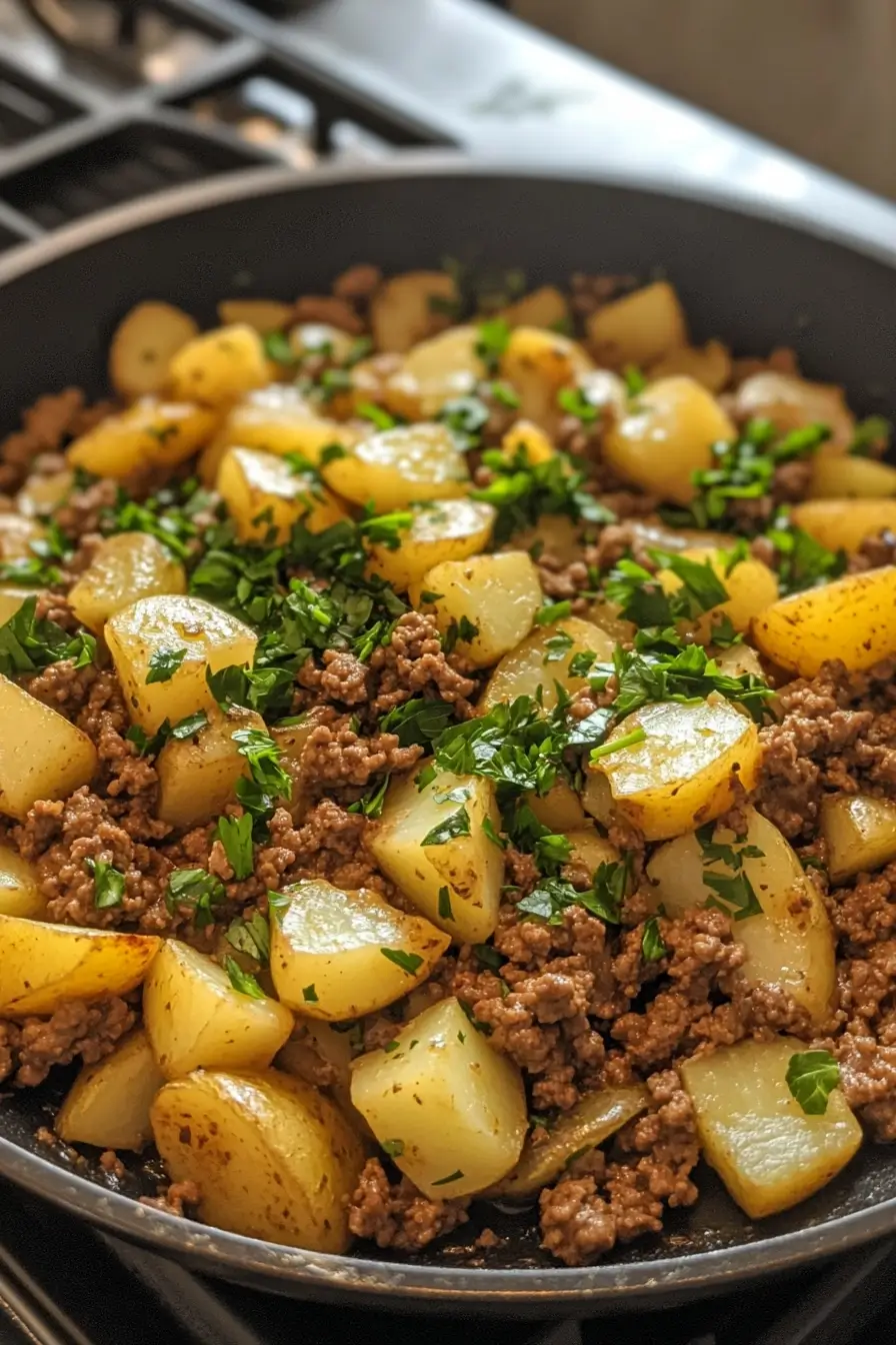 Skillet filled with seasoned ground beef and diced potatoes garnished with fresh herbs.