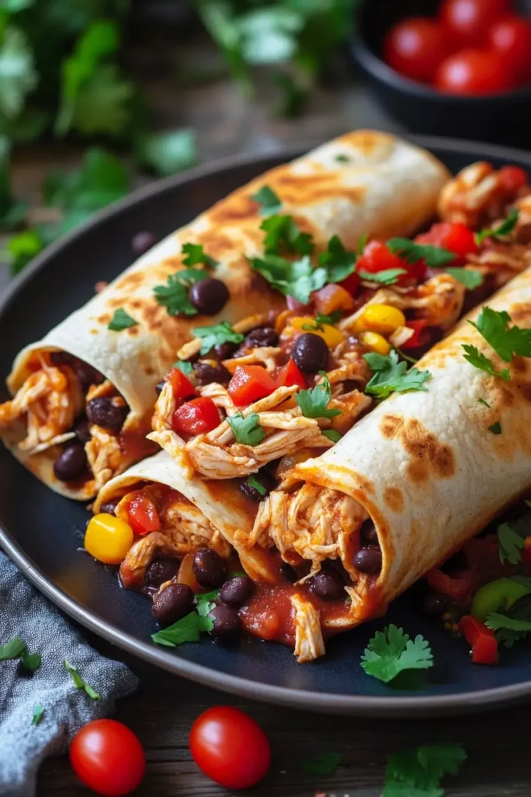 Chicken enchiladas filled with shredded chicken, black beans, and colorful vegetables, garnished with fresh cilantro.
