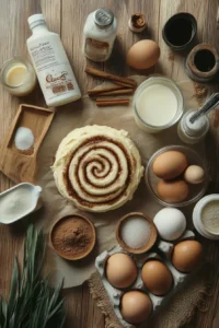 Overhead view of cinnamon roll ingredients including eggs, milk, sugar, cinnamon, and a rolled dough spiral.