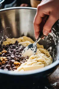 Close-up of a hand mixing chocolate chip cookie dough with chocolate chips and walnuts in a metal bowl.