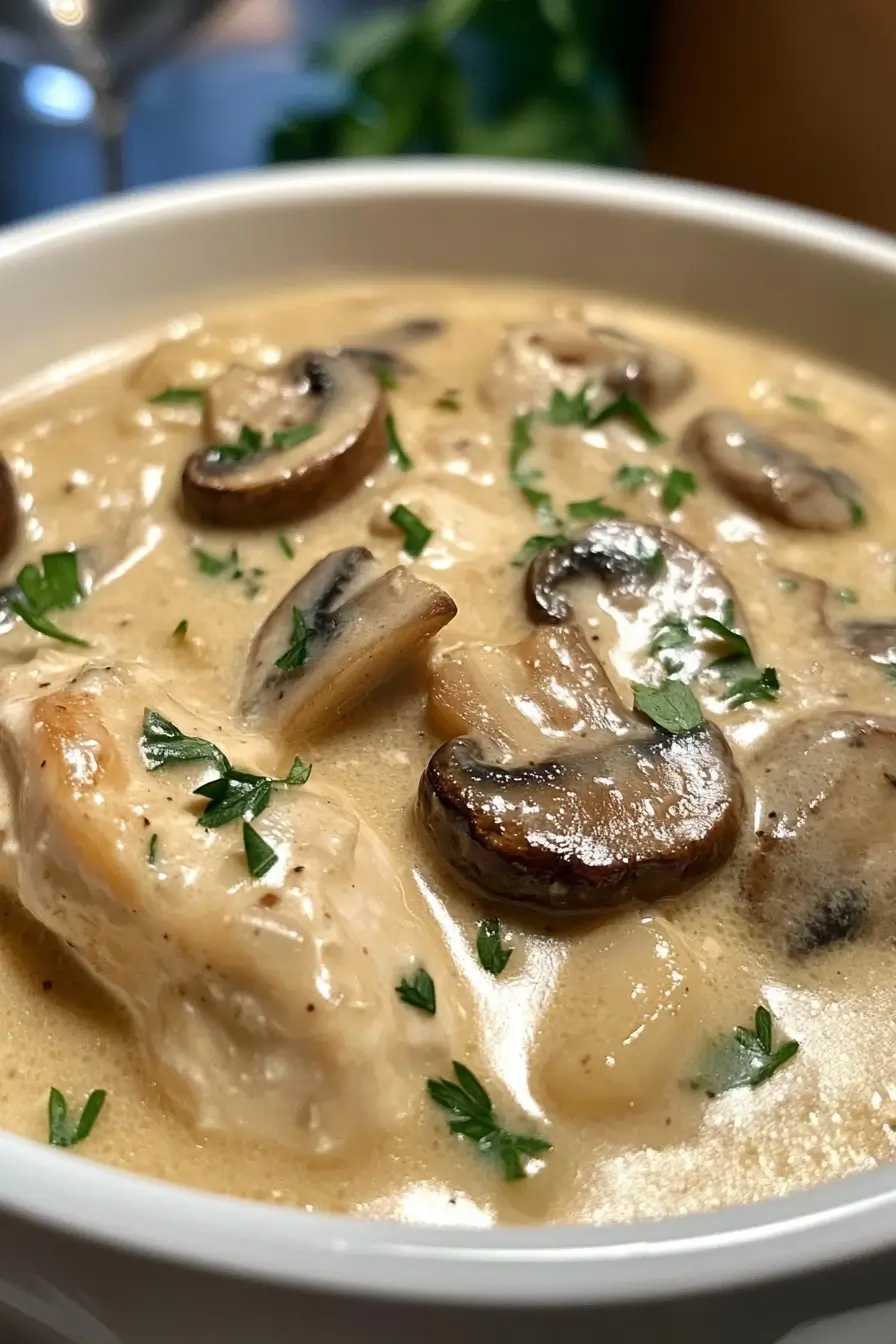 Close-up of creamy crockpot chicken with mushrooms and fresh parsley garnish.