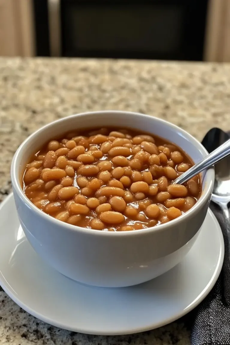 A bowl of baked beans in a rich, savory sauce with a spoon, placed on a white saucer.