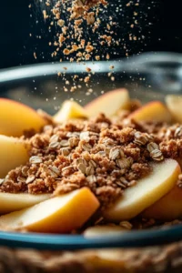 Close-up of oat crumble topping being sprinkled over apple slices for apple crisp.