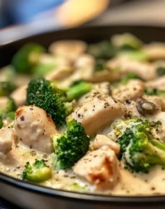 A close-up of a plate with baked chicken casserole topped with herbs, served with steamed broccoli and rice.