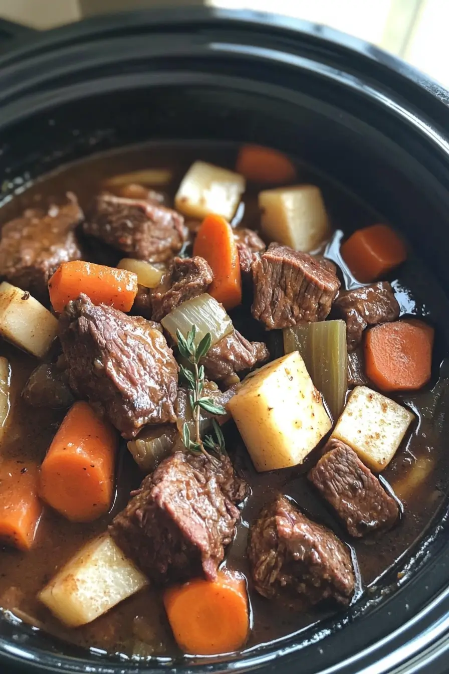 A slow cooker filled with tender beef stew featuring chunks of beef, carrots, potatoes, celery, and sprigs of fresh thyme in a rich, savory broth.
