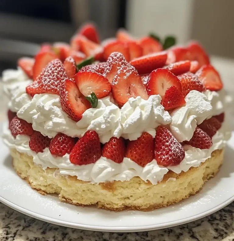 A luscious layered strawberry shortcake with fresh strawberries, fluffy whipped cream, and powdered sugar, served on a white plate.