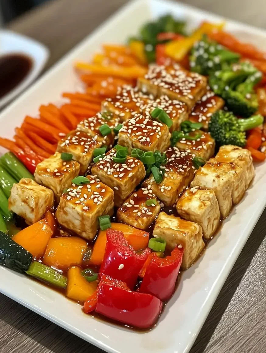 A beautifully plated tofu stir-fry featuring golden tofu cubes topped with sesame seeds and scallions, surrounded by vibrant vegetables like red bell peppers, carrots, broccoli, and zucchini.