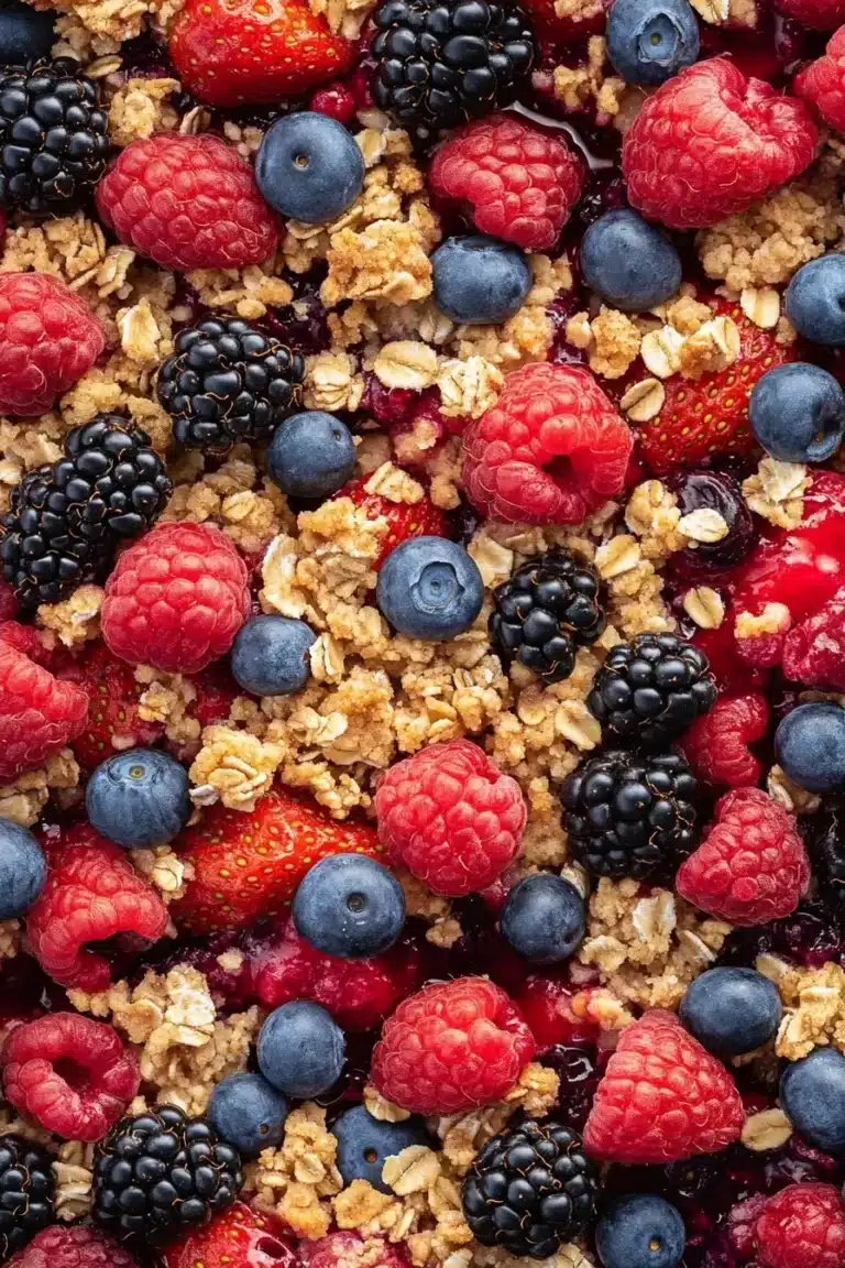 A close-up view of a mixed berry crumble featuring raspberries, blackberries, blueberries, and strawberries on a golden oat topping.