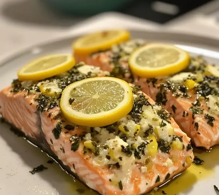 Close-up of baked salmon fillets topped with lemon slices, fresh herbs, and garlic, served on a white plate with olive oil.