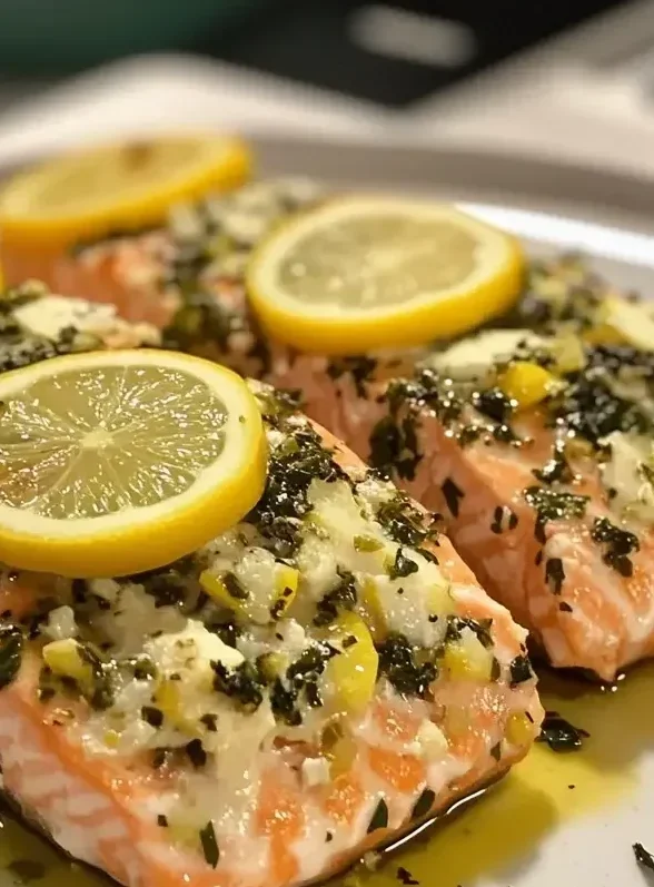 Close-up of baked salmon fillets topped with lemon slices, fresh herbs, and garlic, served on a white plate with olive oil.
