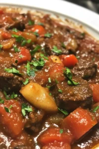 A close-up view of a rich Hungarian goulash with tender beef, golden potatoes, carrots, and tomatoes in a thick, savory sauce, garnished with fresh parsley.