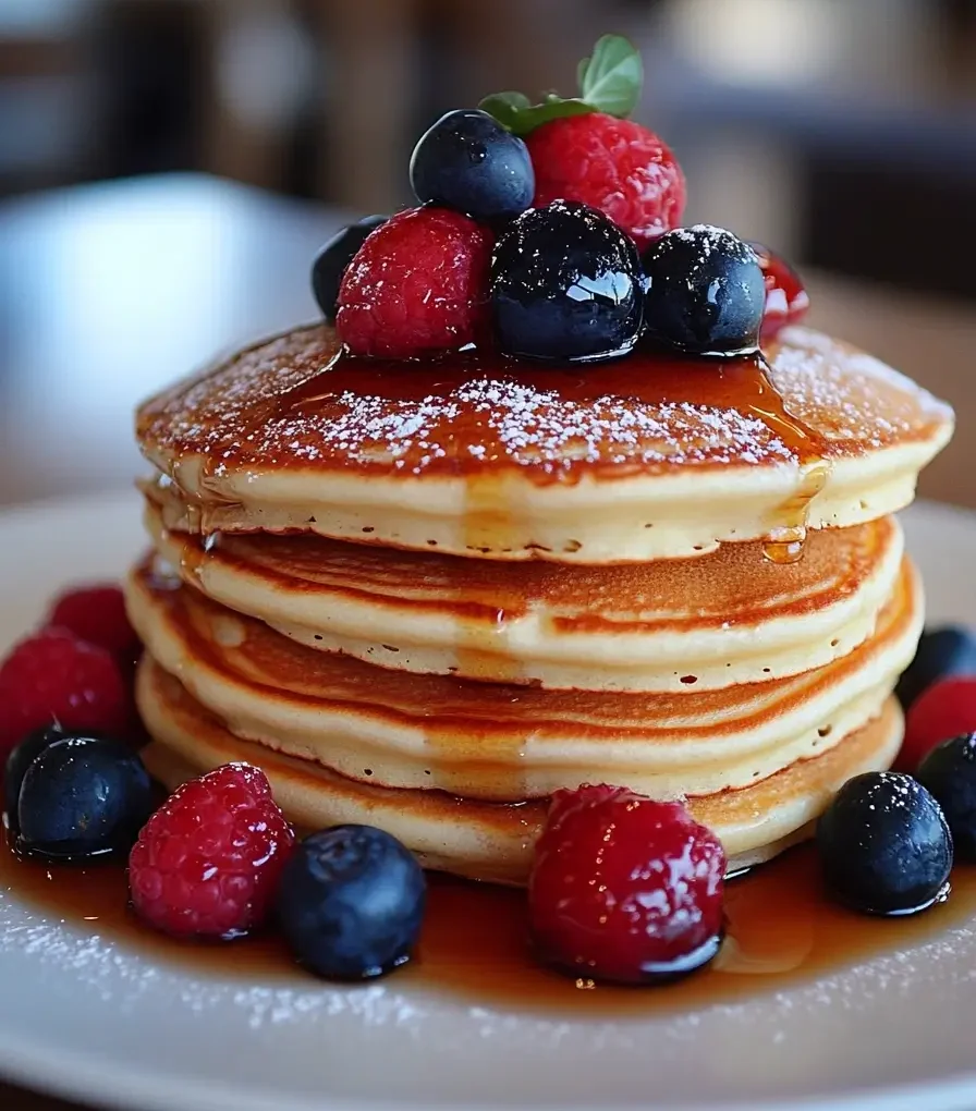 A stack of golden pancakes topped with fresh blueberries and raspberries, dusted with powdered sugar and drizzled with syrup, served on a white plate.