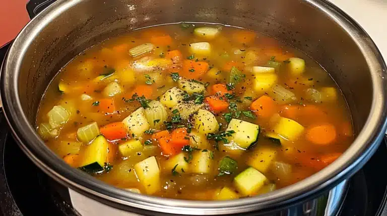 A steaming pot of colorful vegetable soup filled with diced carrots, celery, zucchini, and potatoes garnished with fresh herbs and black pepper.