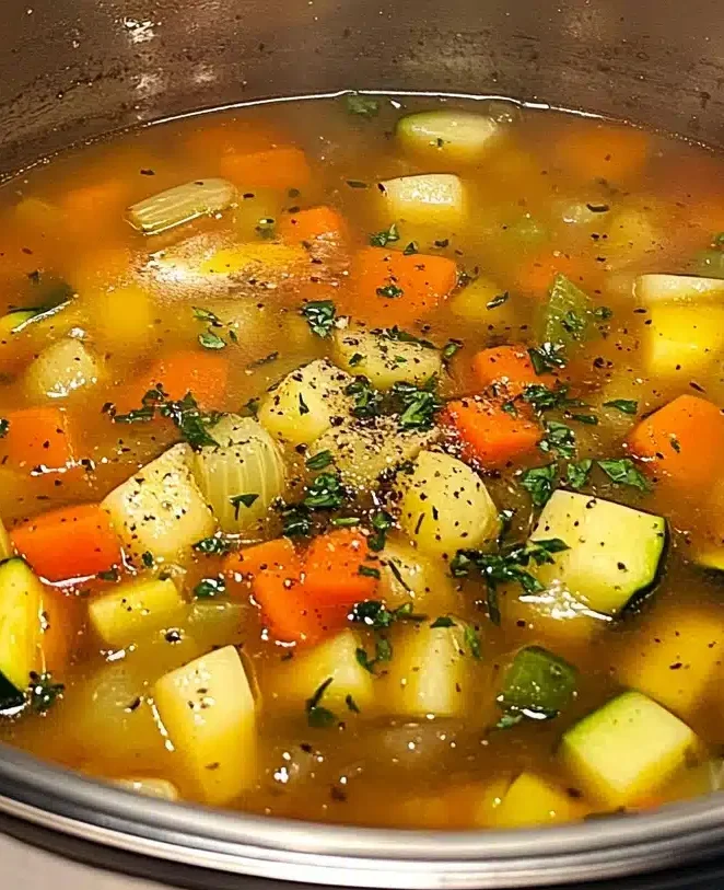 A steaming pot of colorful vegetable soup filled with diced carrots, celery, zucchini, and potatoes garnished with fresh herbs and black pepper.