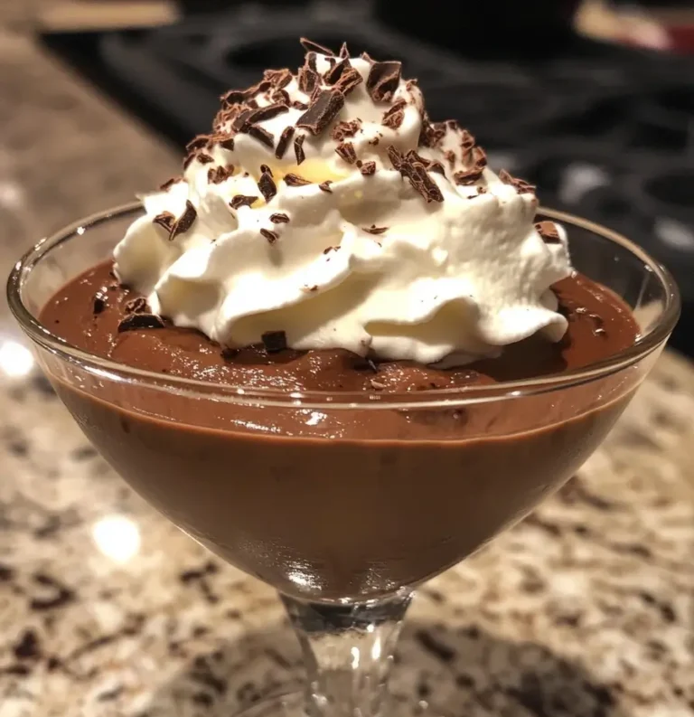 A glass dessert cup filled with creamy chocolate mousse, topped with whipped cream and chocolate shavings, placed on a marble countertop