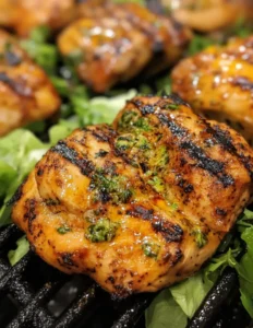 Grilled chicken thighs with vibrant green herb marinade, perfectly charred on a grill, served over a bed of fresh greens.