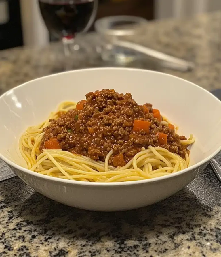 A white bowl filled with spaghetti topped with a rich Bolognese sauce, placed on a granite countertop with a glass of red wine in the background.