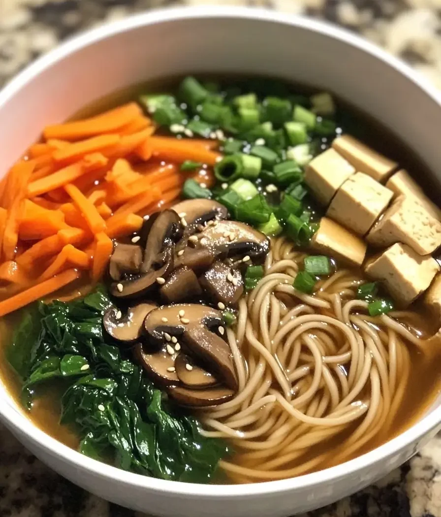 A bowl of miso noodle soup with soba noodles, tofu cubes, sliced mushrooms, julienned carrots, spinach, and green onions, garnished with sesame seeds.