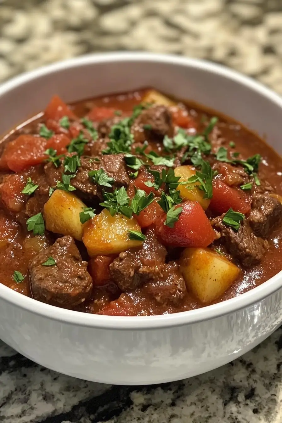 A white bowl filled with hearty Hungarian goulash, featuring tender beef chunks, golden potato pieces, vibrant diced tomatoes, and garnished with fresh parsley.