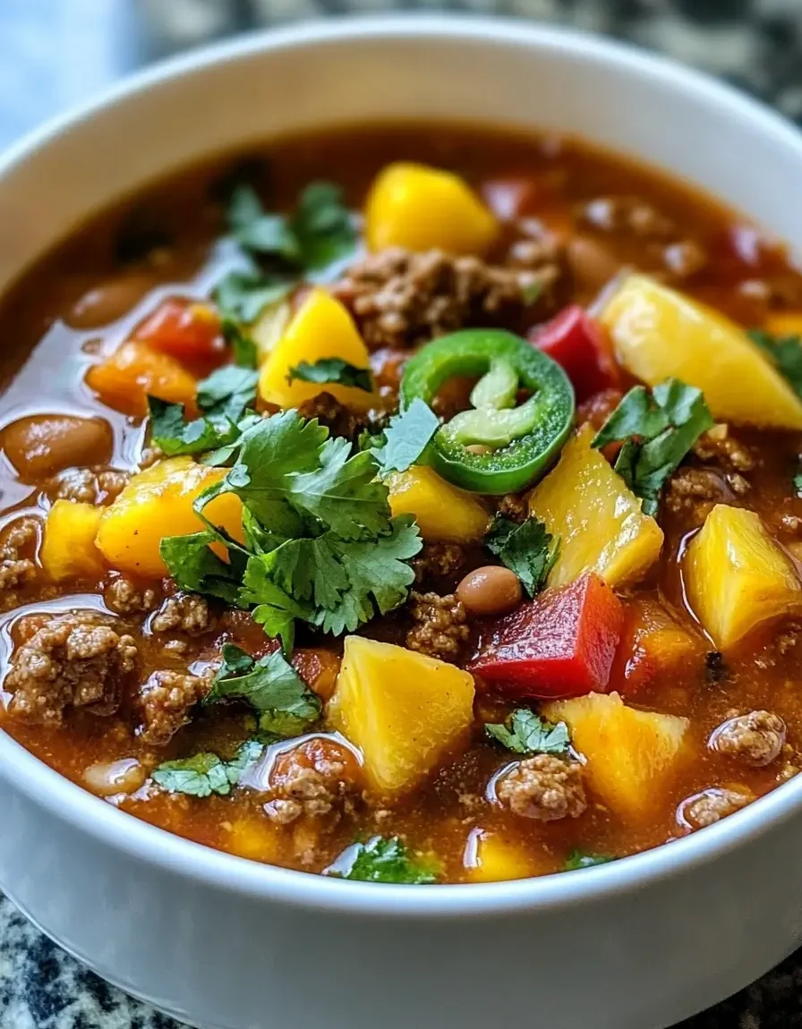 A bowl of fruity chili with mango, pineapple, ground meat, kidney beans, and vibrant toppings like fresh cilantro and sliced jalapeño, served in a white bowl on a speckled countertop.