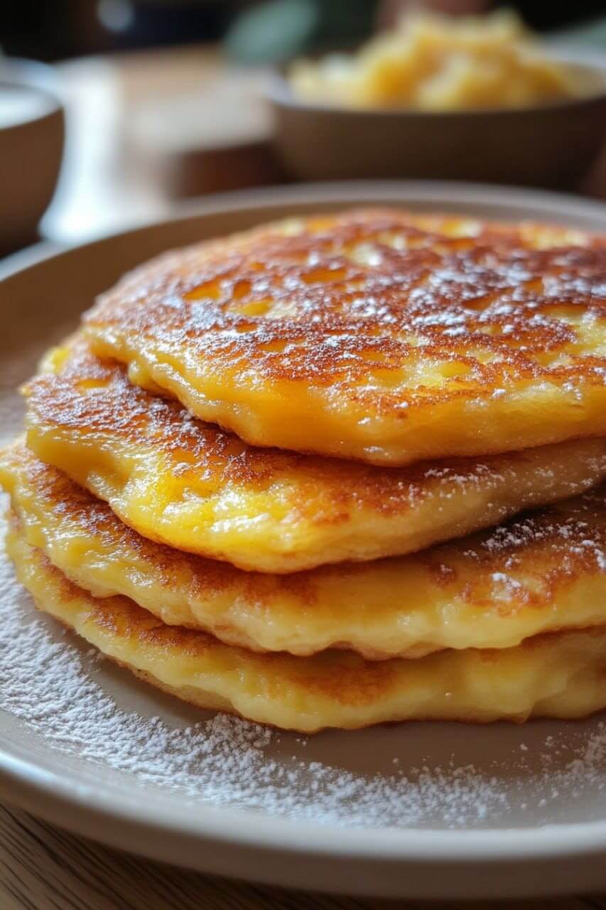 A stack of golden brown German potato pancakes dusted with powdered sugar, served on a beige plate.